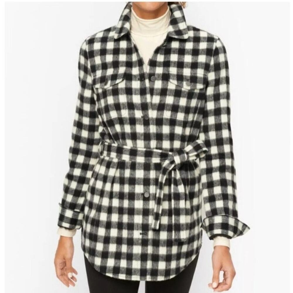 Talbots Black White Buffalo Plaid Wool Blend Button Down Shacket size XL